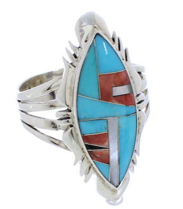 Southwest Turquoise Multicolor Inlay Silver Ring Size 7-3/4 JX38202