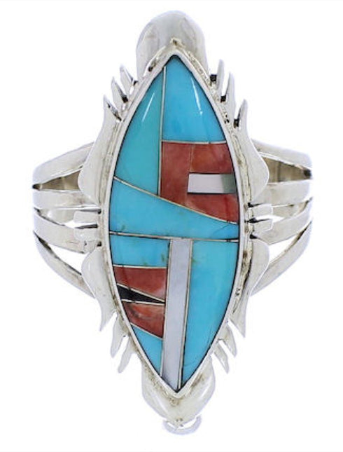 Southwest Turquoise Multicolor Inlay Silver Ring Size 7-3/4 JX38202
