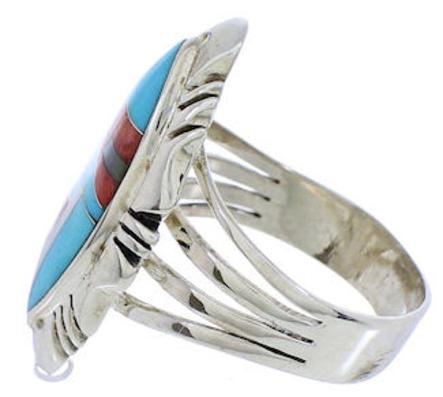 Southwest Turquoise Multicolor Inlay Silver Ring Size 7-3/4 JX38202