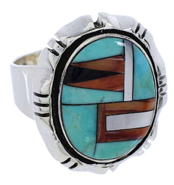 Silver Turquoise Multicolor Inlay Ring Size 7-1/2 JX38254