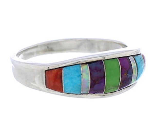 Sterling Silver Southwest Multicolor Inlay Ring Size 6-1/2 CX50615
