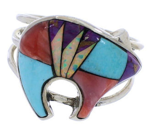 Southwest Sterling Silver Multicolor Inlay Bear Ring Size 7-1/2 CX52531
