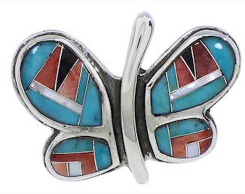 Multicolor Inlay Southwest Silver Butterfly Ring Size 7-1/2 CX52574