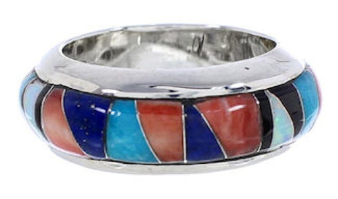 Southwestern Sterling Silver Multicolor Inlay Ring Size 7-1/2 TX41875