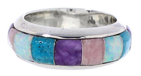 Turquoise Multicolor Inlay Silver Ring Band Size 8-1/2 HS35722