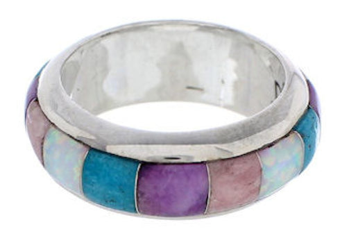 Turquoise Multicolor Inlay Silver Ring Band Size 8-1/2 HS35722