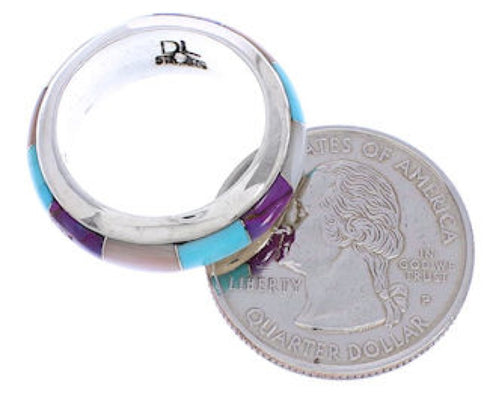 Southwestern Multicolor Inlay Sterling Silver Ring Size 7-1/2 TX41955