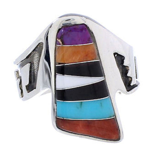 Multicolor Inlay Southwest Silver Ring Size 7-1/2 EX61136