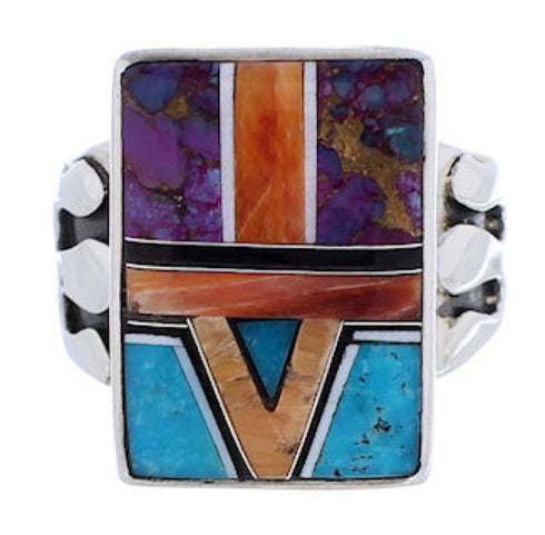 Turquoise Multicolor Inlay Sterling Silver Ring Size 8-1/4 EX61211