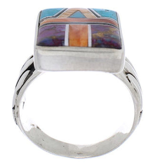 Turquoise Multicolor Inlay Sterling Silver Ring Size 8-1/4 EX61211