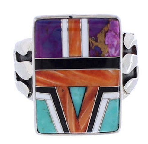 Multicolor Inlay Southwest Silver Ring Size 7-1/2 EX61215