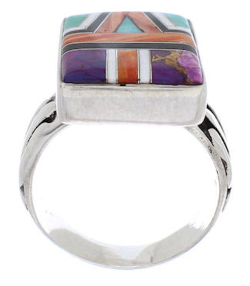 Multicolor Inlay Southwest Silver Ring Size 7-1/2 EX61215