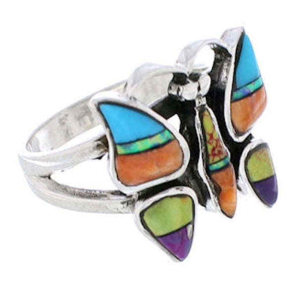 Multicolor Inlay Butterfly Sterling Silver Ring Size 5-3/4 EX61250