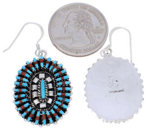 Southwest Silver Coral Turquoise Hook Dangle Earrings FX31311