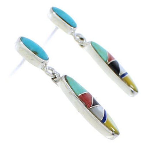 Multicolor Post Dangle Silver and Turquoise Inlay Earrings PX24216