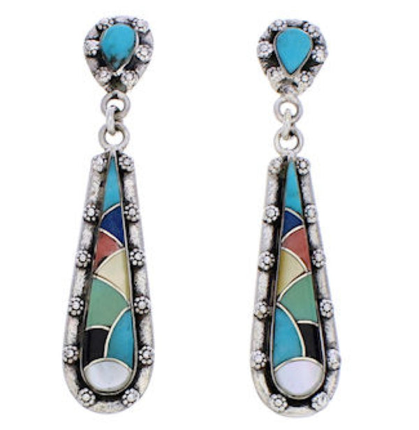 Genuine Sterling Silver Multicolor Inlay Post Dangle Earrings JX24167
