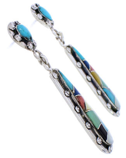 Genuine Sterling Silver Multicolor Inlay Post Dangle Earrings JX24167