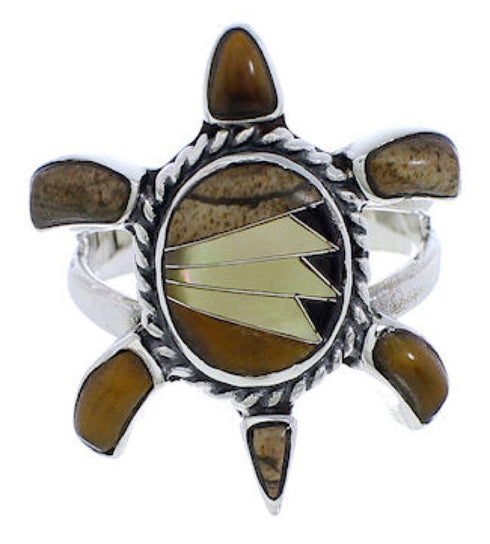 Silver Southwest Inlay Multicolor Turtle Ring Size 7-1/2 CX47201