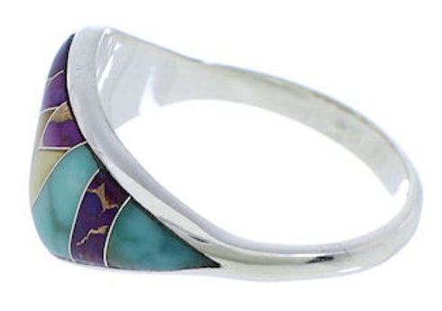 Multicolor Inlay Southwestern Silver Ring Size 7-3/4 EX50486