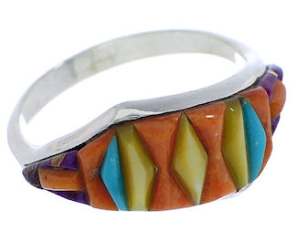 Southwest Multicolor Inlay Sterling Silver Ring Size 6-3/4 EX50509