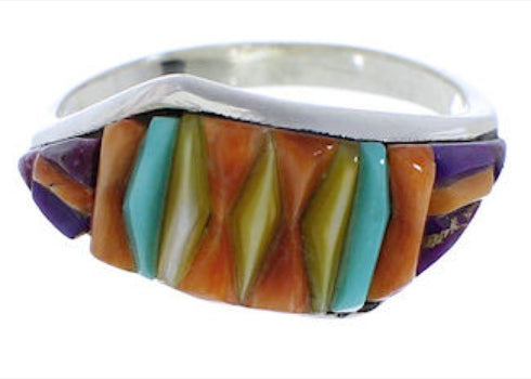 Sterling Silver And Multicolor Inlay Ring Size 6-3/4 EX50527