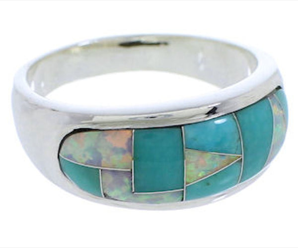 Turquoise And Opal Southwestern Silver Ring Size 6-3/4 EX50573