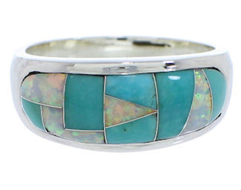 Turquoise And Opal Southwestern Silver Ring Size 6-3/4 EX50573