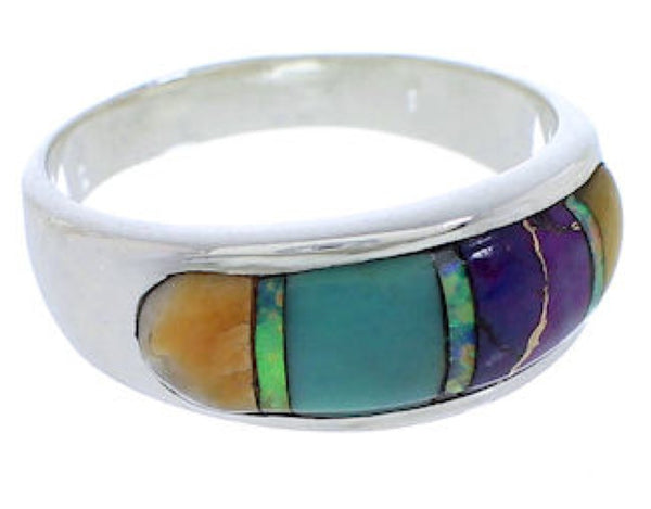 Genuine Sterling Silver Multicolor Inlay Ring Size 8-1/4 EX50583