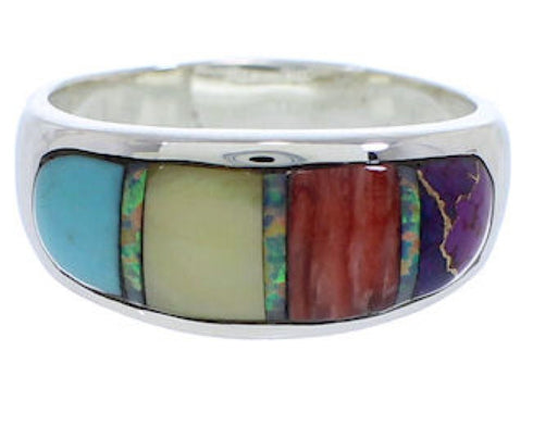 Southwestern Multicolor Inlay Silver Ring Size 7-1/2 EX50595