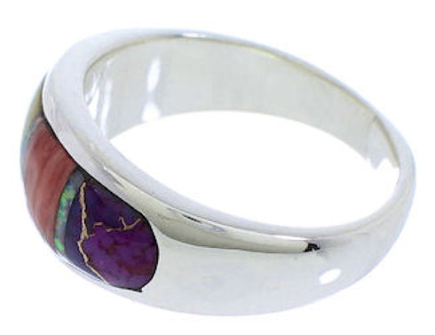 Southwestern Multicolor Inlay Silver Ring Size 7-1/2 EX50595