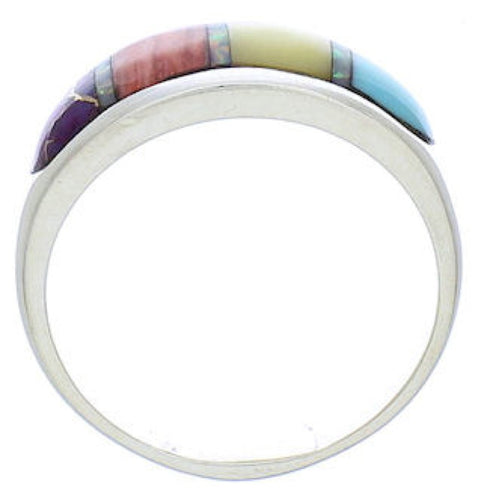 Southwestern Multicolor Inlay Silver Ring Size 7-1/2 EX50595