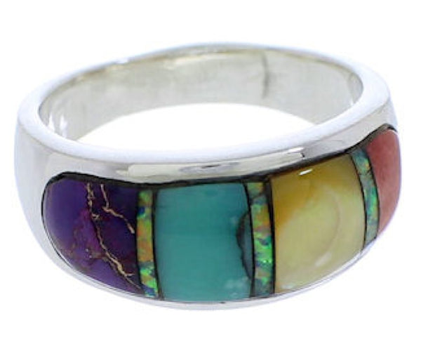 Multicolor Inlay Genuine Sterling Silver Ring Size 6-3/4 EX50596