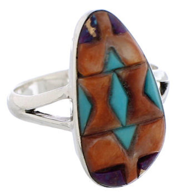 Multicolor Inlay Sterling Silver Southwestern Ring Size 7-3/4 WX41828