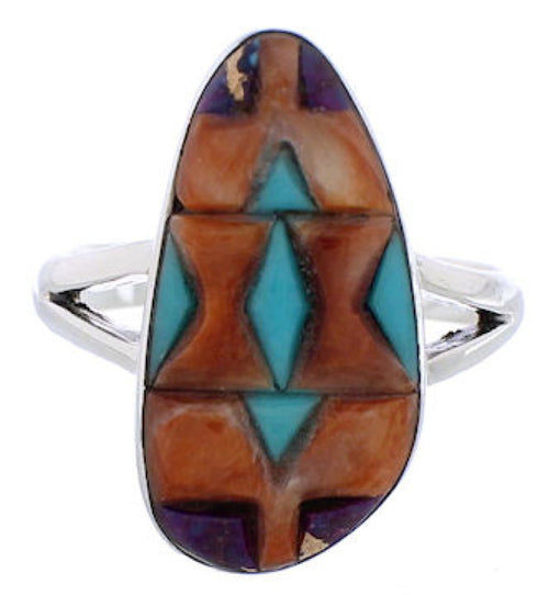 Multicolor Inlay Sterling Silver Southwestern Ring Size 7-3/4 WX41828