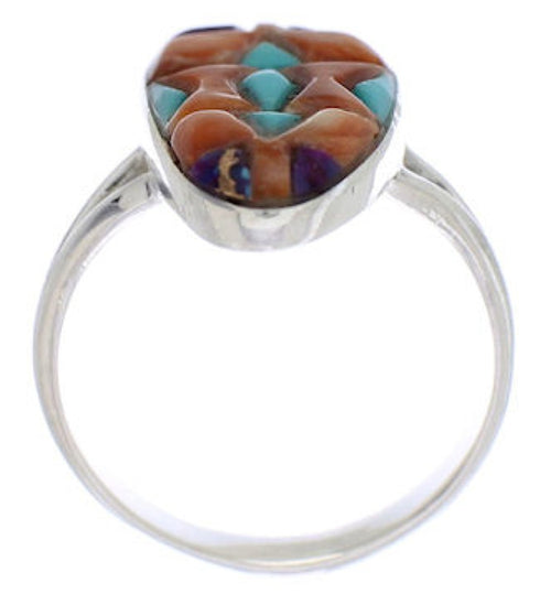 Multicolor Inlay Sterling Silver Southwestern Ring Size 7-3/4 WX41828