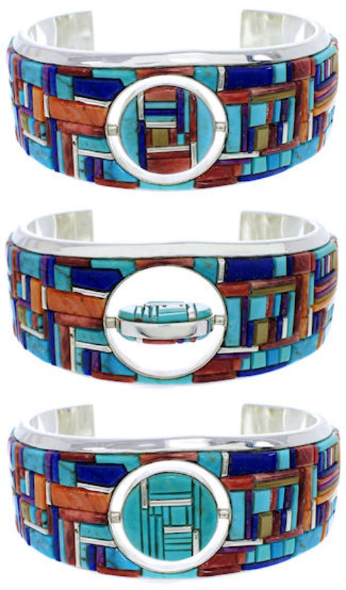 Southwest Sterling Silver Multicolor Reversible Cuff Bracelet EX28437