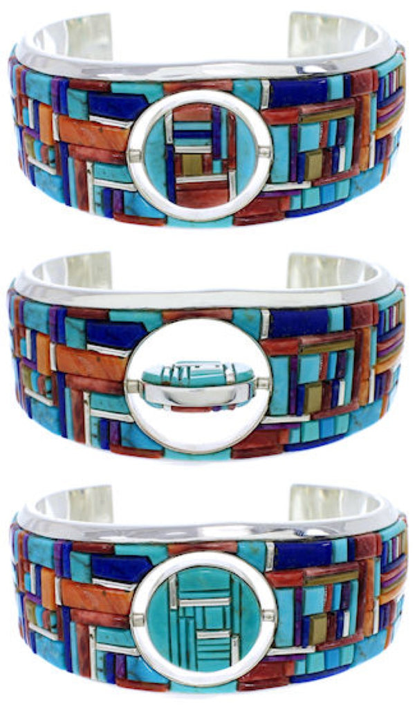 Southwest Sterling Silver Multicolor Reversible Cuff Bracelet EX28437