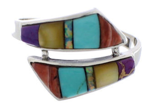 Genuine Sterling Silver Multicolor Inlay Ring Size 6-3/4 AS54640