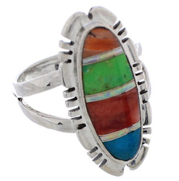 Multicolor Inlay Sterling Silver Southwest Ring Size 9-3/4 EX21928