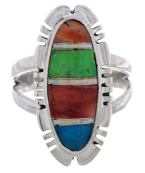 Multicolor Inlay Sterling Silver Southwest Ring Size 9-3/4 EX21928