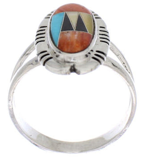 Sterling Silver And Multicolor Inlay Jewelry Ring Size 7-1/2 EX21943