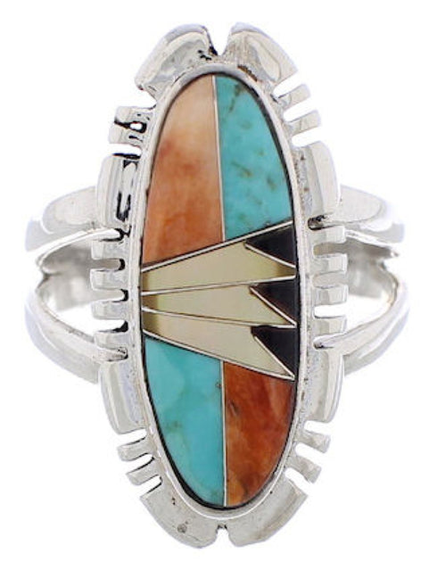 Sterling Silver Southwestern Multicolor Inlay Ring Size 7-3/4 EX21947