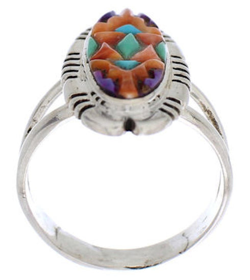 Multicolor Inlay Southwestern Silver Ring Size 6-1/2 EX21958
