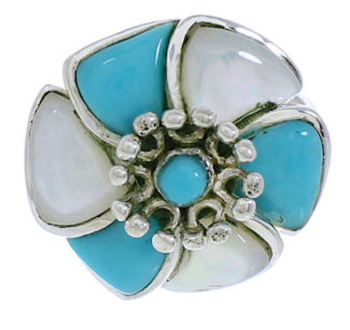 Southwestern Turquoise Mother Of Pearl Flower Ring Size 4-3/4 EX23417