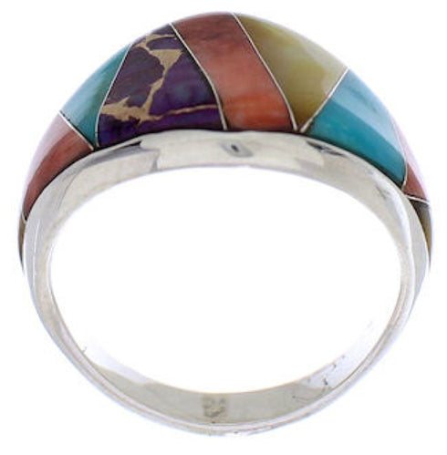Southwest Sterling Silver Multicolor Inlay Ring Size 8-1/2 EX22455