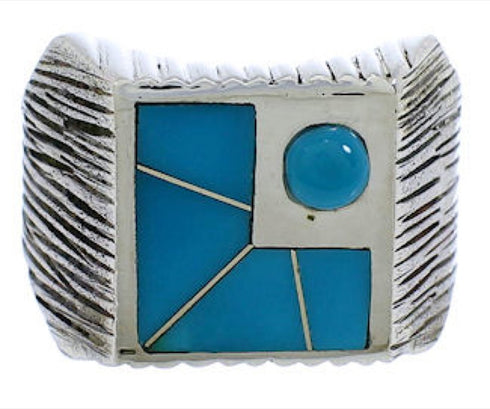 Silver Southwest Turquoise Inlay Ring Size 13 UX33241