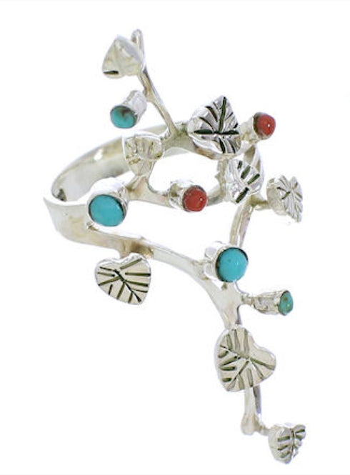 Southwest Silver Turquoise Coral Jewelry Ring Size 6-1/2 EX22758