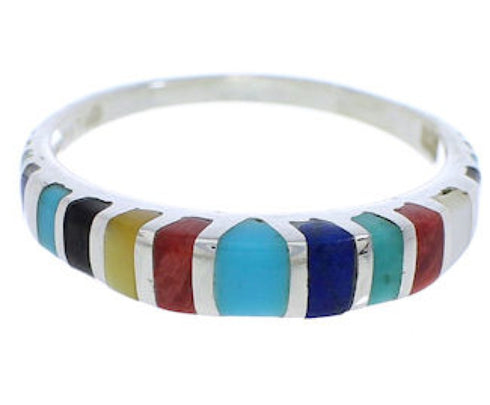 Southwestern Sterling Silver Multicolor Inlay Ring Size 5-1/4 TX45517