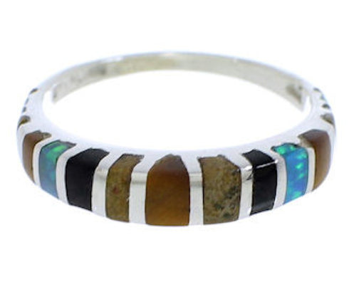 Multicolor Inlay Silver Southwest Ring Size 7-3/4 TX45562