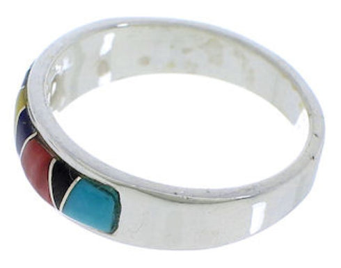Southwestern Sterling Silver Multicolor Inlay Ring Size 5-3/4 UX37147